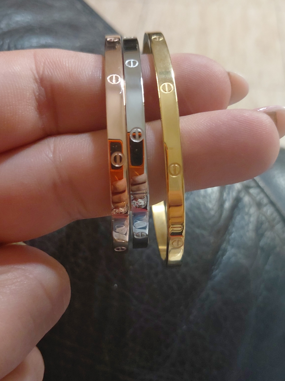 Fashion Jewelry Triple Screw-Accent Bangles in Gold, Rose Gold, and Silver